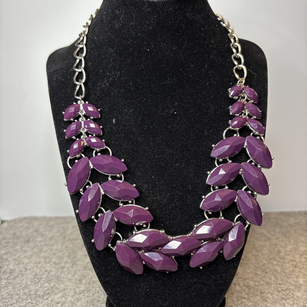 Purple Acrylic Statement Bib Necklace Silver Tone Faceted Marquise 18"